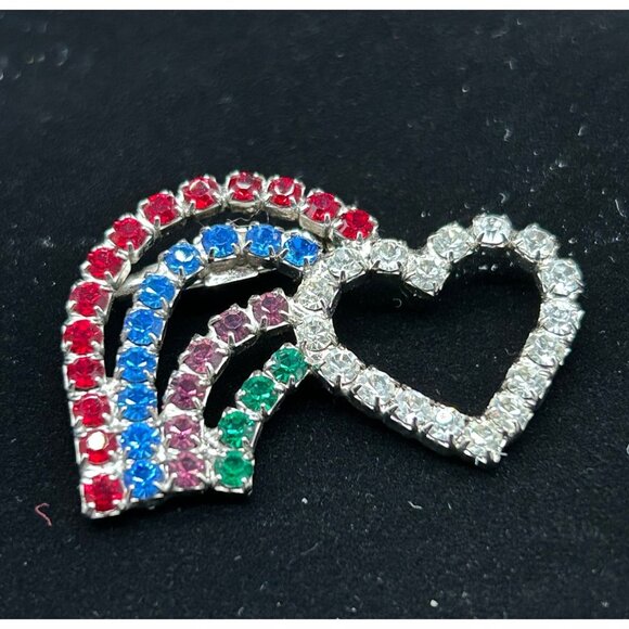 Vintage  Heart  Rainbow Rhinestones Pin Brooch 1.75" - Picture 3 of 6